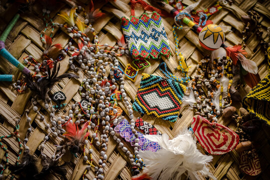 Sao Paulo, SP, Brazil - April 15 2023: Handicrafts of Brazilian people originating from Adeia Alto da Boa Vista in Jord&atilde;o in the Brazilian Amazon details.
