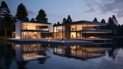 Fototapeta na wymiar A modern architectural marvel with a sleek design, reflecting in the still waters of a surrounding serene lake at twilight.