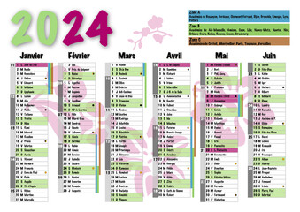 Calendrier 2024 A4 semestre 1 avec vacances scolaires, jours fériés, saints du jour, phases lunaires et numéros de semaine décor orchidées