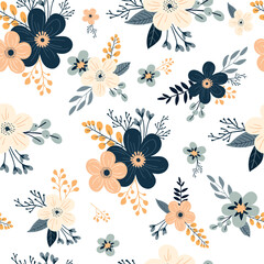 Seamless floral pattern with flowers and leaves. Vector illustration on a white background.