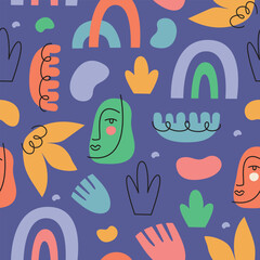 Seamless pattern with cute abstract flowers and elements. Vector illustration doodle style.