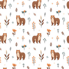 Seamless pattern with cute bear and forest elements. Vector illustration.	
