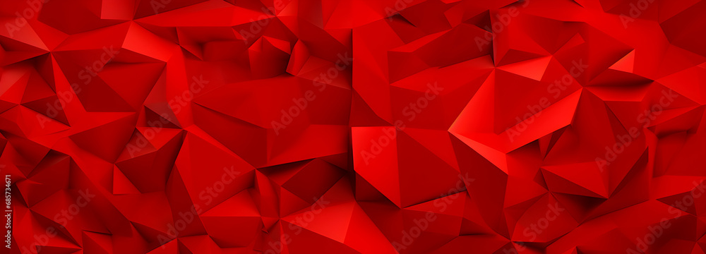 Poster vivid red abstract background with a complex pattern of geometric shapes, resembling a 3d faceted su
