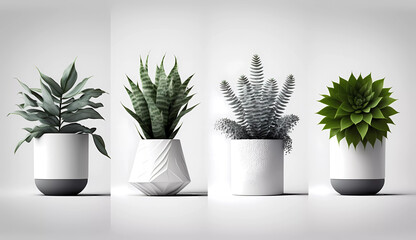 A set of four different types of plants in white pots on a white background with a white background and a white background