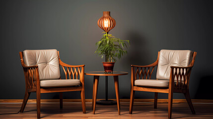 A set of three chairs and a table with a plant in it and a lamp on the side of the table