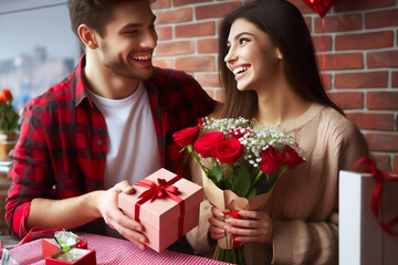 A young man surprises a young woman with pink roses and a gift on Valentine's Day or another celebration. Happy couple. Romantic