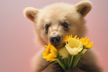The muzzle of a cute, joyful bear cub sniffs a bouquet of Liliaceae.