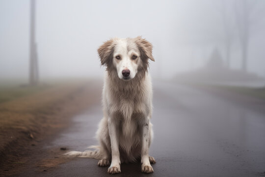 Sad dog sitting on rainy road. Generative AI