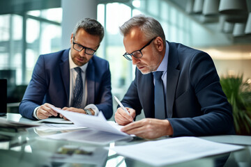 Mature business executive colleagues doing paperwork. - obrazy, fototapety, plakaty