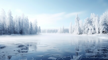 Fototapeta premium A serene frozen lake nestled amidst a picturesque winter landscape. Pristine ice, winter beauty, frozen water, tranquil scenery. Generated by AI.