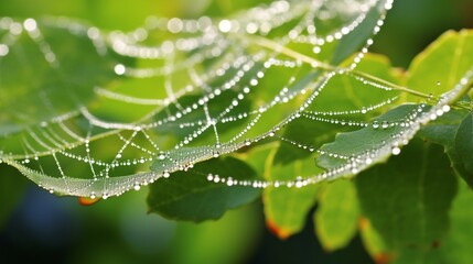 A close-up of dewdrops on delicate spiderwebs, glistening in the morning sunlight against a backdrop of green foliage.