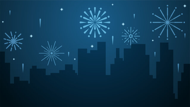 New Year Cityscape Vector Illustration. Scenery Of City With Sparkling Fireworks In New Year Event. City Panorama For Illustration, Background Or Wallpaper. City Silhouette In The Firework Festival