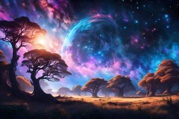 Bright fractal nebula in space featuring silhouettes of trees and land. Digital magic painting of a landscape.