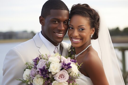 Happy smiling bride and groom, African American wedding couple