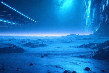Fantasy sci-fi space scene in blue. artwork created on a computer.