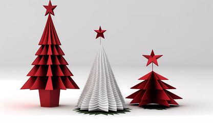 Three christmas trees with presents under them and a white background with a red star on top of one of them