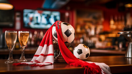 Football bar with soccer accessories, ball and beer glass on the counter. Generative AI