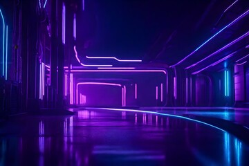 dramatic, empty futuristic setting. Street, abstract dark landscape. flowing element with neon light. Neon purple light in the night. Background of fantasy. 3D picture.