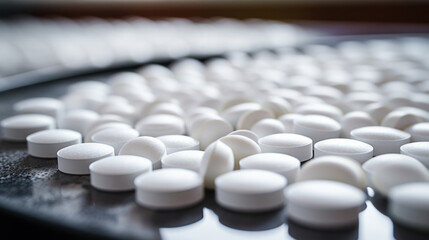 pharmaceutical industry, medicine pills are filling in the bottle on production line machine conveyor at the medical factory. selective focus. - obrazy, fototapety, plakaty