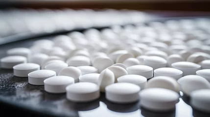 Foto op Canvas pharmaceutical industry, medicine pills are filling in the bottle on production line machine conveyor at the medical factory. selective focus. © Olga