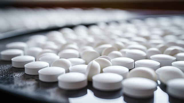 pharmaceutical industry, medicine pills are filling in the bottle on production line machine conveyor at the medical factory. selective focus.
