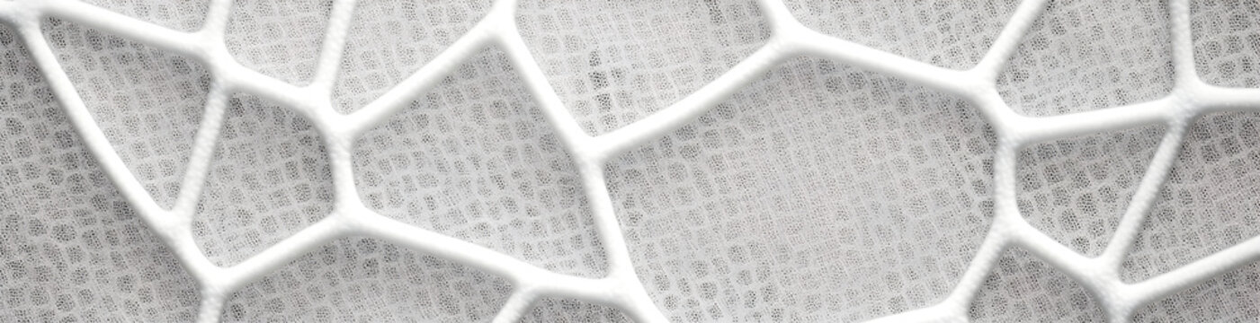 close-up image of a foam structure with a white, interconnected web pattern on a bubbly grey background, resembling a biological cell structure