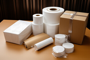 Cardboard package boxes and adhesive packing tape rolls. Generative AI