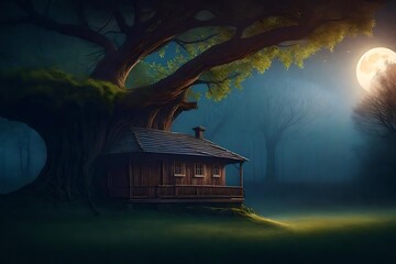 Banner design concept with a mysterious environment featuring a house, moon, and large tree...