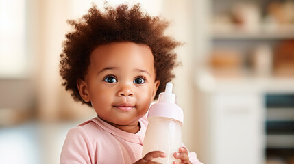 Smiling african baby bathes and drinks from a baby bottle - obrazy, fototapety, plakaty