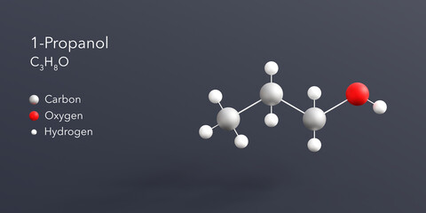 1-propanol molecule 3d rendering, flat molecular structure with chemical formula and atoms color coding