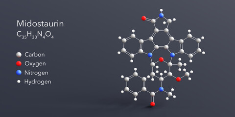 midostaurin molecule 3d rendering, flat molecular structure with chemical formula and atoms color coding