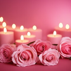 Fototapeta na wymiar Pink roses with burning candles on pink background. Valentine's day concept