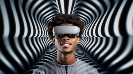 Man viewing optical art with VR goggles