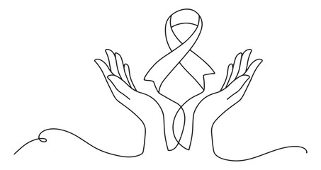 Two hands open looking up holding cancer ribbon. one line art. - obrazy, fototapety, plakaty