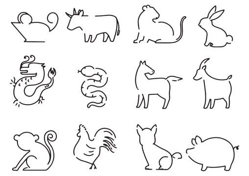 set of icon of a chinese zodiac in the style of outline one line art.
