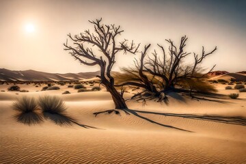 Front view of a desert planetscape featuring a dead tree. digital art.