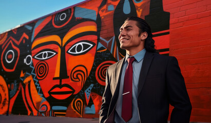 Smiling young Native American Indian businessman in front of a wall mural
