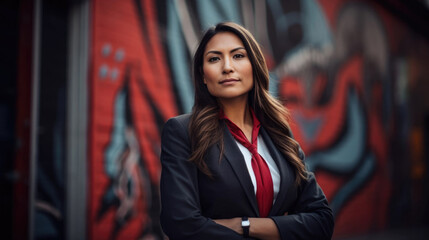Portrait of a Native American Indian businesswoman in front of a wall mural