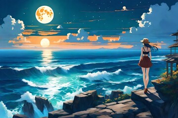 anime girl gazing at the ocean's moon digital art, illustrations, paintings, cartoons, girls, fantasy, anime, graphics, backgrounds, and characters.