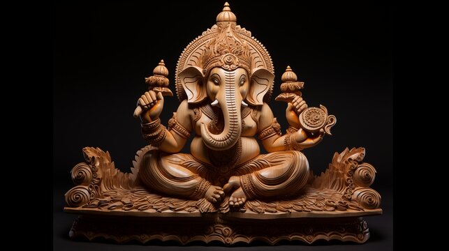 Wooden carving of Lord Ganesha, the remover of obstacles, in a celebration pose.