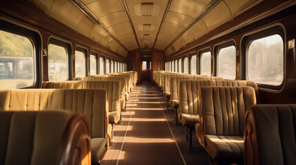 Fototapeta premium Retro train wagon with old-fashioned seats for passenger. Generative AI