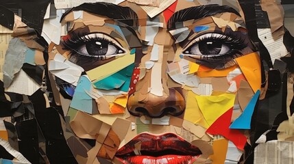 A collage of torn paper and magazine cutouts forming a visually striking and abstract composition, inviting interpretation.