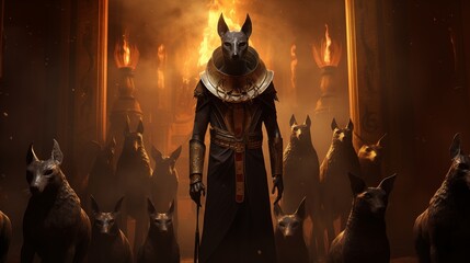 Anubis guiding souls through a surreal and otherworldly realm