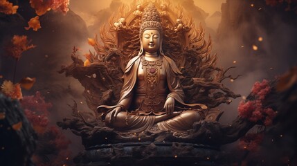 Guanyin in a scene of healing and nurturing, embodying the essence of compassion and mercy - obrazy, fototapety, plakaty