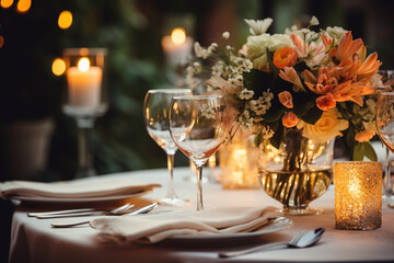 Crockery, glasses, candles on a table set for a banquet.