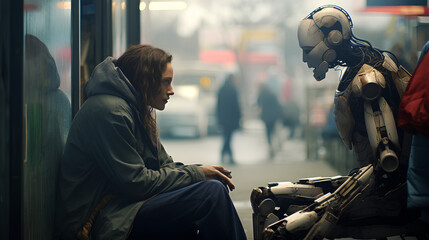 Homeless robot and future homeless person, future abandoned robot concept - obrazy, fototapety, plakaty