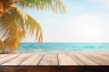 Empty Wooden table in tropical beach of summer time blurred background, made with Generative AI