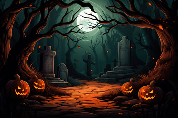 Background illustration dedicated to Halloween. Glowing pumpkins in the night forest.