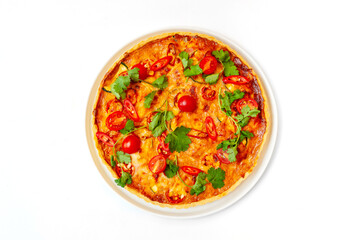 Traditional Christmas or New Year's quiche pie. Homemade cake isolated.