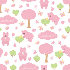 Cute kids seamless pattern with pink bears, star, hearts, clouds, bushes, trees, butterflies.Pattern for boys and girls. Square pattern for printing on changeable white background.